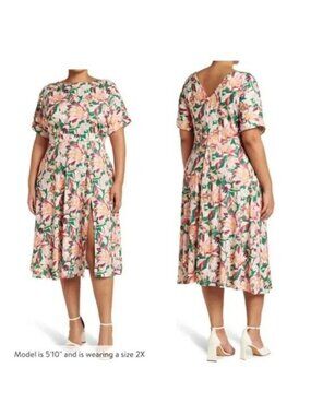 Alexia Admor Lana Drape Bodice Floral Midi Dress Pink & Green Plus Size 1X